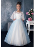 Cape Sleeve Blue Glitter Tulle Flower Girl Dress